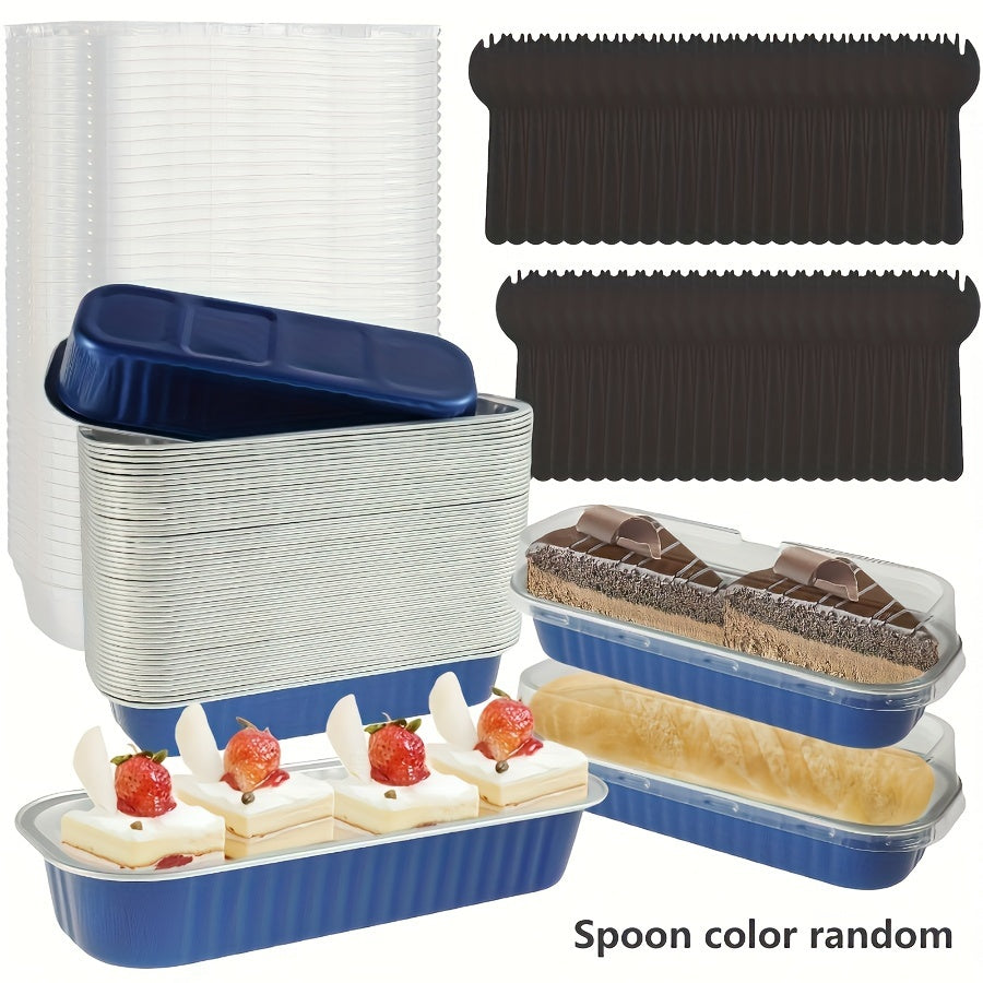 150 pieces of Mini Cake Pans with Lids and Spoons: 6.76 ounces Non-Stick Foil Baking Pans, Reusable Aluminum Foil Loaf Pans, Rectangular Foil Bread Containers, Portable Baking Cupcake Liners for Home Kitchen use.