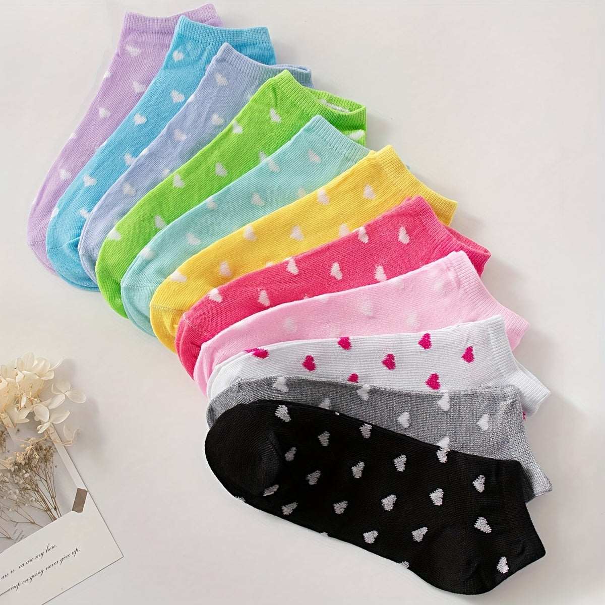 20 pairs of heart print ankle socks in Valentine's Day candy colors for women.