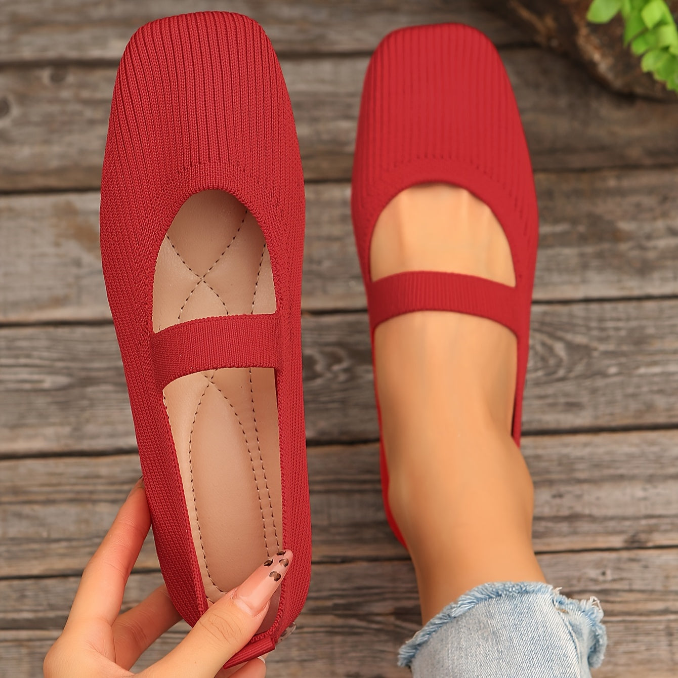 Women's casual knit flats with square toe, fabric upper, PU lining, and durable plastic sole for all seasons.