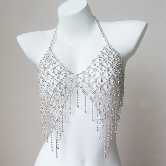 Luxurious and stylish, this bikini tassel rhinestone bra chain features an elegant AB color design and oversized body chain, adorned with artificial crystal mosaic. Perfect for parties, banquets, and as a Valentine's Day gift, this versatile accessory