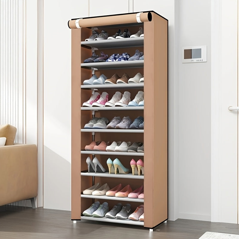 Durable 10-tier shoe rack with 9 compartments made of steel frame and dustproof fabric lining for organizing shoes and slippers. Perfect shoe storage solution for living room.