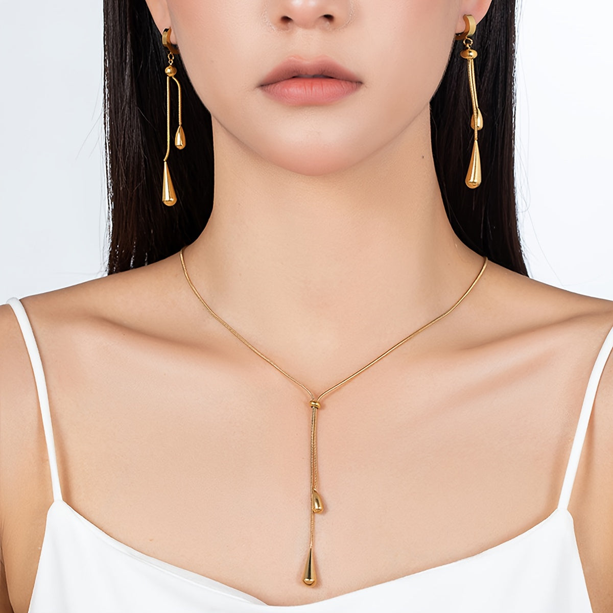 Stylish 3-piece Jewelry Collection: Water Drop Pendant Necklace & Earrings in 18K Gold Plated Titanium Steel - Ideal for Both Casual and Formal Wear, Timeless Vintage Design, Hypoallergenic and Fade-Resistant