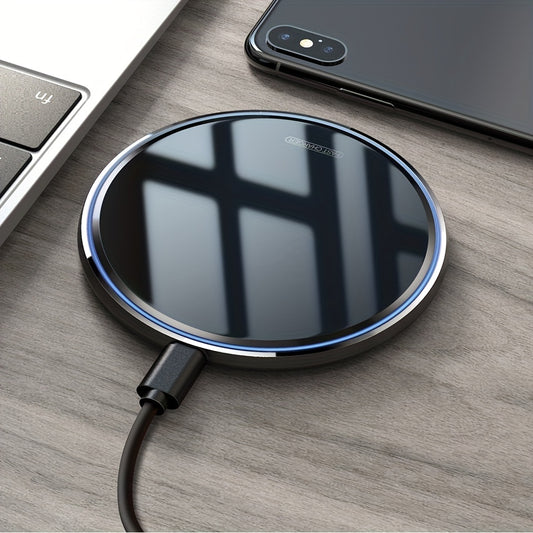 Wireless charger for iPhone and Samsung devices with fast charging capabilities.