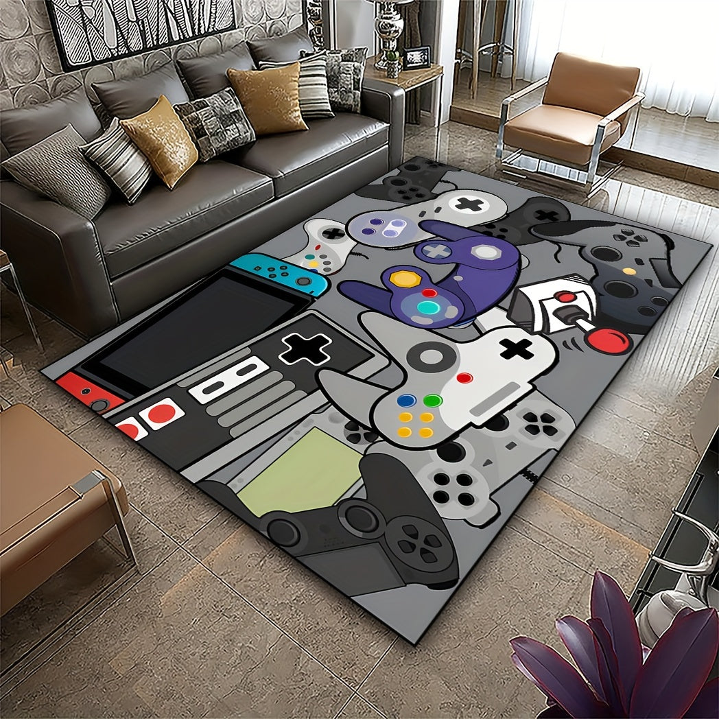 Game Controller Pattern Area Rugs available in various sizes (19 x 31, 31 x 47, 47 x 62, 62 x 90 inches). Made of anti-slip and machine washable polyester fiber carpet. Ideal for use in bedrooms, living rooms, offices, and gaming rooms. Perfect for