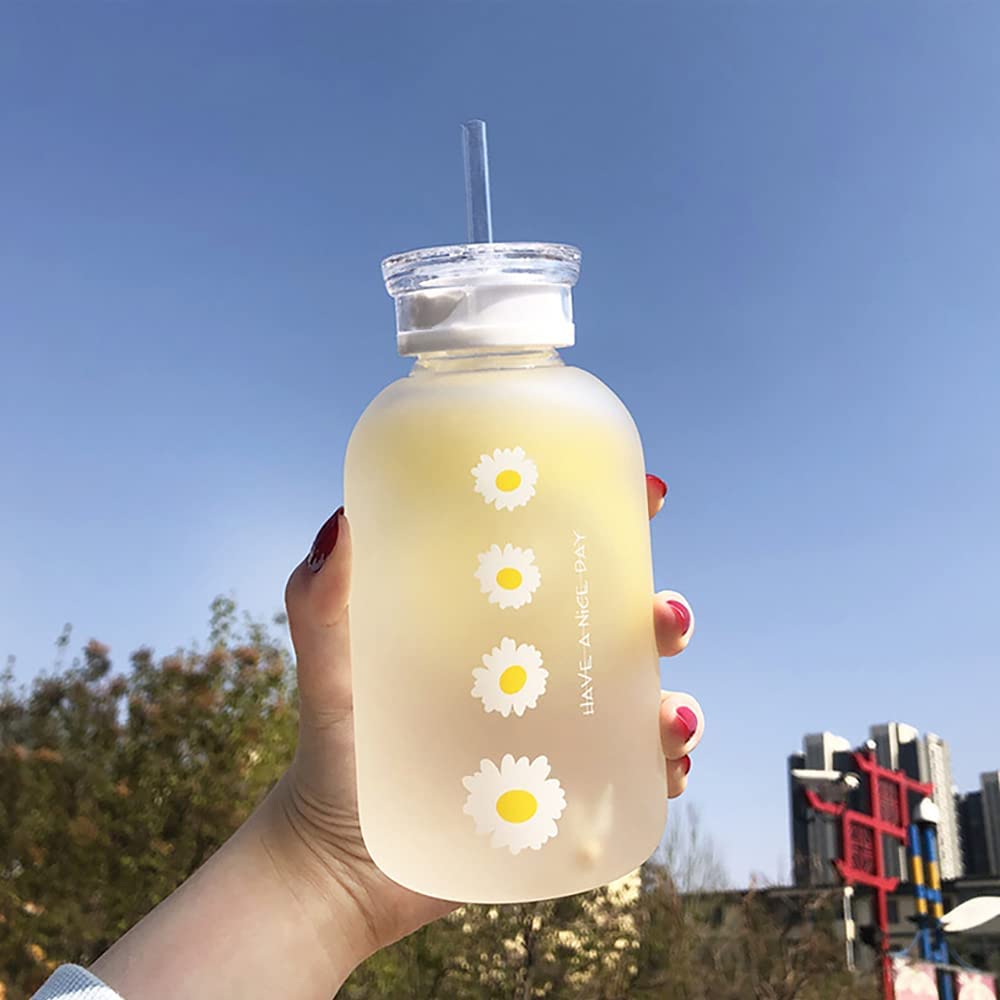 1 Matte glass water bottle with straw and scale, featuring a cute daisy sunflower design. Portable, convenient, perfect for back to school supplies.