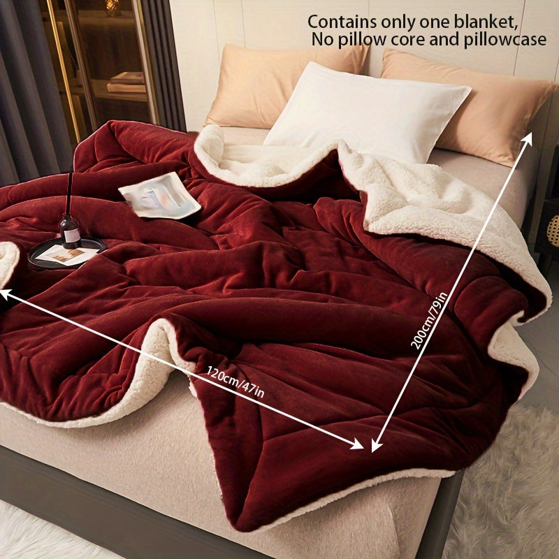 Luxurious wine red double-layer milk velvet shearling throw blanket - cozy, soft, and warm for any season. Easy to clean, perfect for couch, bed, or office nap.