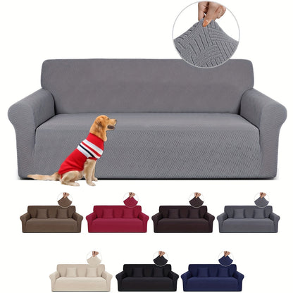 Pet-friendly sofa cover in gray striped jacquard fleece with elastic band, non-slip bottom, and all-season dust protection. Stylish and snug fit for living room furniture.