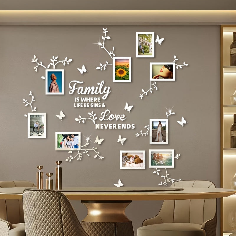 A puzzle sticker set with flower branches, butterflies, and 9 photo frames for DIY wall decoration in various spaces.