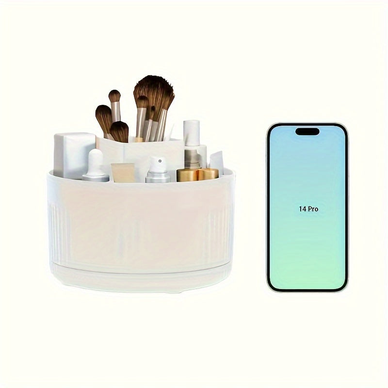 360 degree rotating makeup organizer made from high-gloss ABS plastic. Ideal for bedroom, vanity, or bathroom storage with its minimalist design.