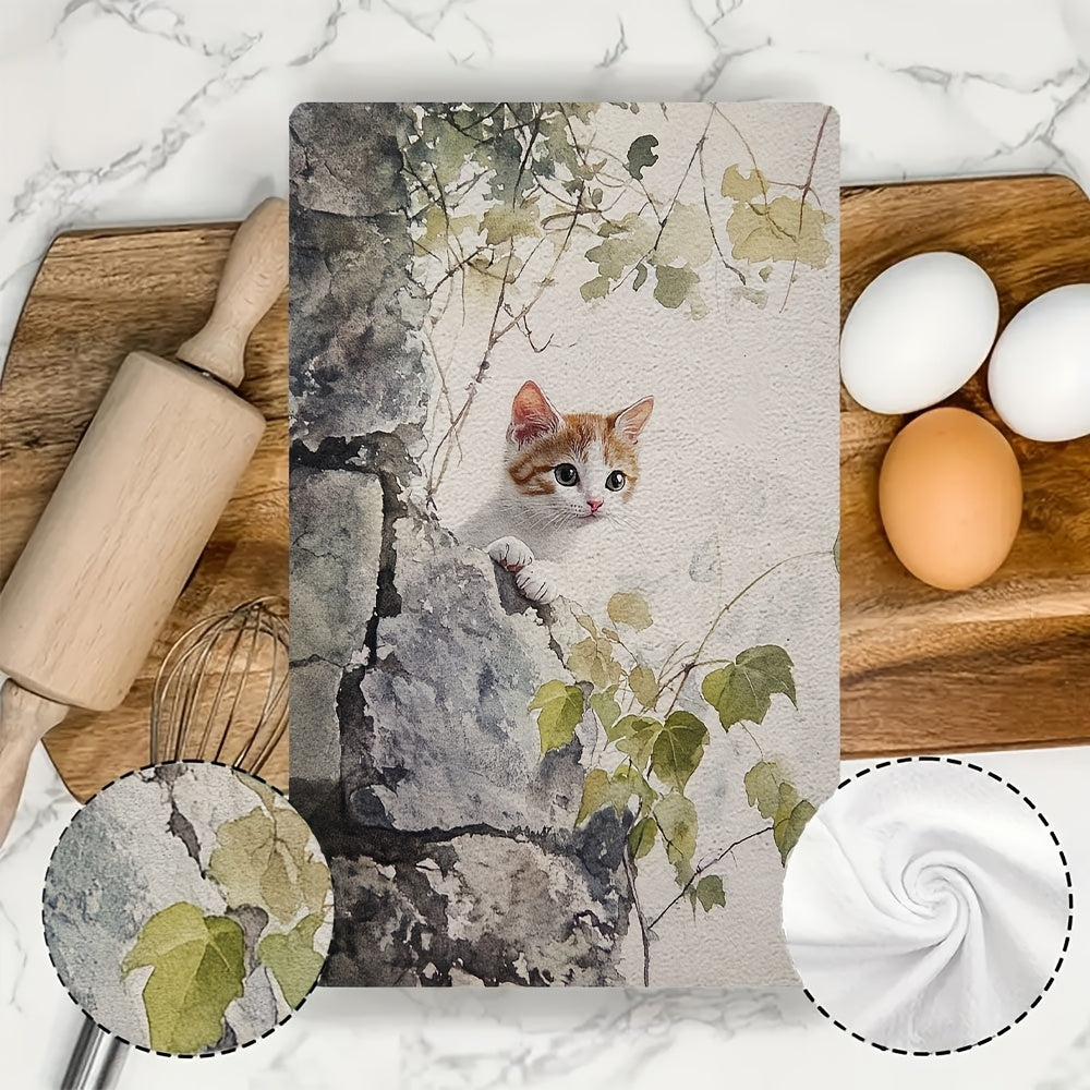 Set of 2 Ultra Soft Kitchen Towels featuring a Curious Kitten in a New Environment Design, Highly Absorbent Dish Hand Towels for Holiday Decor, Machine Washable, 16x24 Inch - Item number 2KYSYS1218439