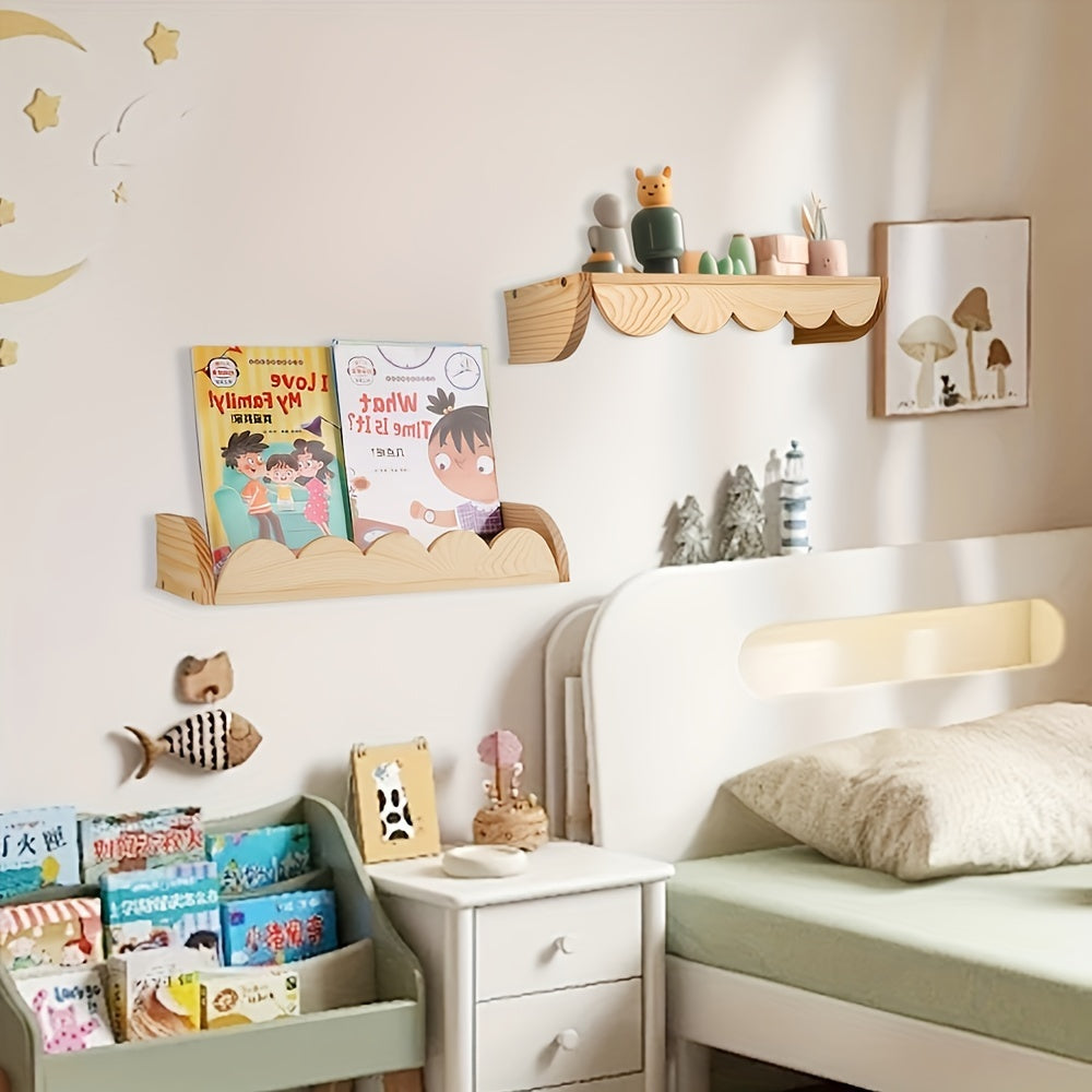 Wooden floating shelves for nursery, bathroom, or wall decor - ideal for storing books, toys, photo frames, and nursery decorations.