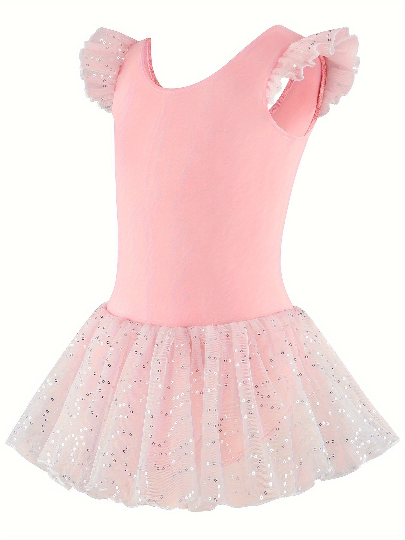 Cute pink sequin ballet leotard with tulle skirt, perfect for gymnastics and outdoor practice.