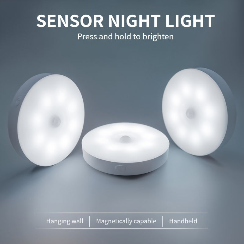 3 motion sensor night lights in warm/cold white with adjustable brightness and automatic on/off. Perfect for bedside, stairs, cabinets, and wardrobes in the bedroom.