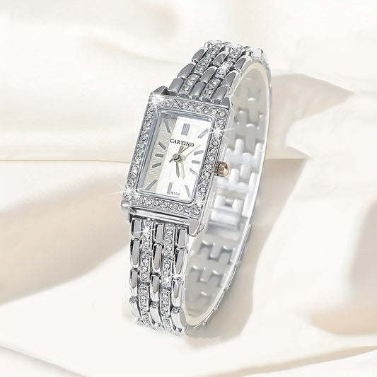 Elegant women's wristwatch with rhinestone jewelry and rectangular zinc alloy case, featuring quartz movement. Ideal gift for birthday or holiday.