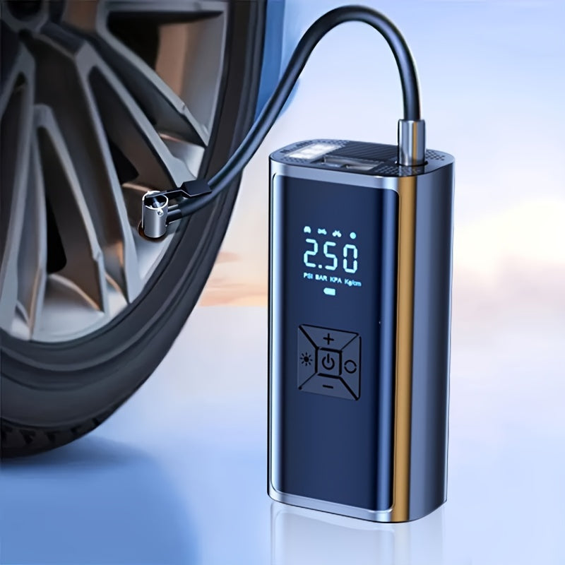 Portable tire inflator pump with LED light, USB rechargeable, 150 PSI, suitable for vehicles, bikes, motorcycles, and balls. Features 4500mAh lithium polymer battery and USB connectivity.