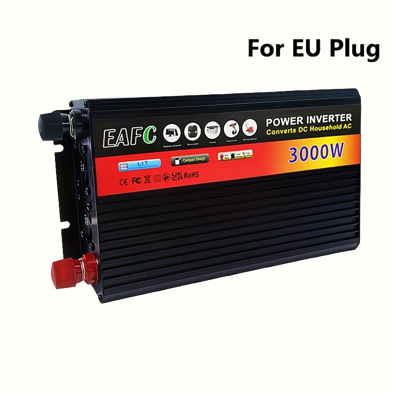 3000W Portable Inverter converts DC 12V to AC 220V for use in vehicles.