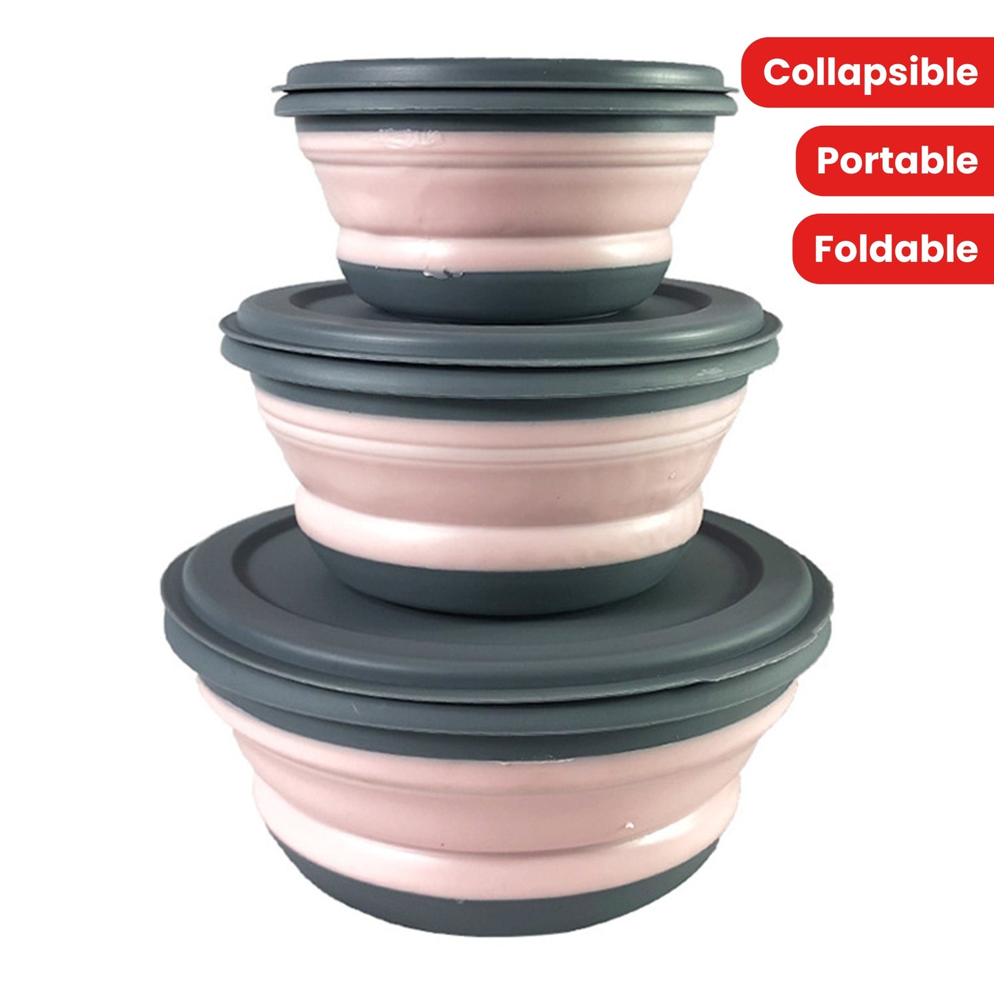 3 silicone folding bowls with lids for food and water, perfect for outdoor camping.