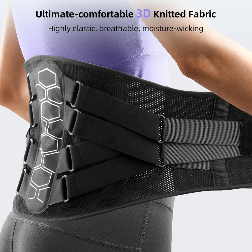 1pc Ergonomic Lumbar Support Belt with Breathable Mesh, Hexagonal Padding, Adjustable Straps - Black