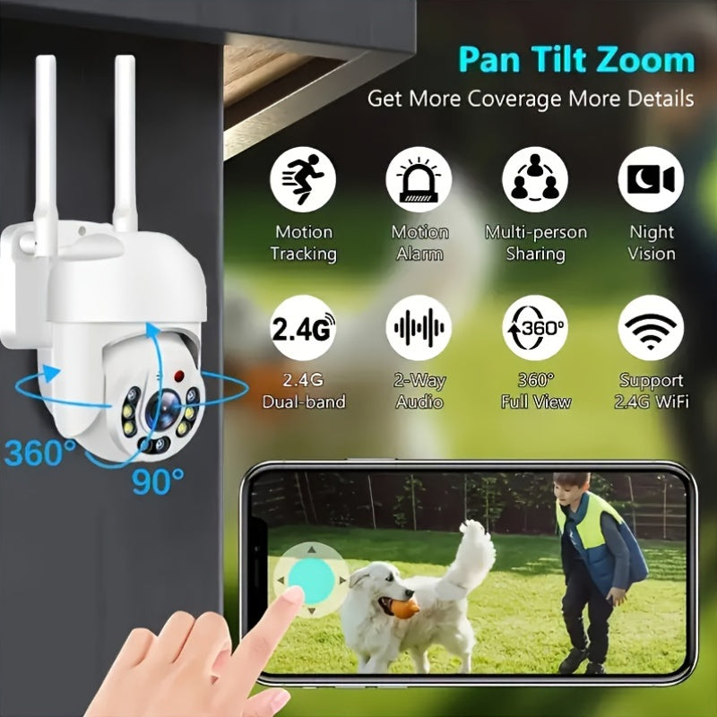 One 1080P WiFi Security Camera with PTZ Auto-Tracking, offering a 360° Panoramic View and Full Color Night Vision. Features include AI Human Detection, Two-Way Audio, USB Powered operation, Smartphone Compatibility, and ideal for Indoor Use.