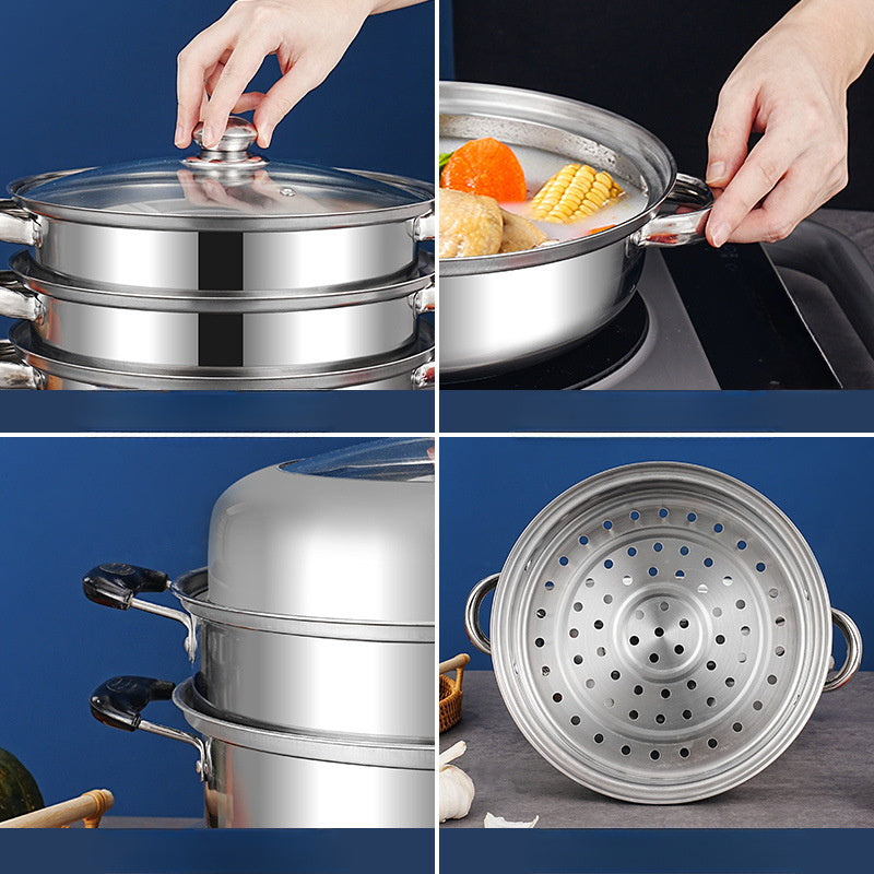 High-Quality Stainless Steel Steamer and Soup Pot Set with 3 Tiers - Sturdy Construction for Induction and Gas Stoves - Ideal for Festive Celebrations