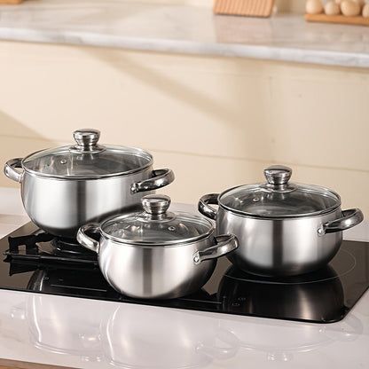 7-Piece Induction Compatible Stainless Steel Cookware Set with Glass Lids, Ergonomic Handles, Includes 3 Stockpots, Ladle, Ideal for Soup, Stew, and Cooking. Dishwasher Safe and Comes with a Bonus Essential Kitchen Gift.