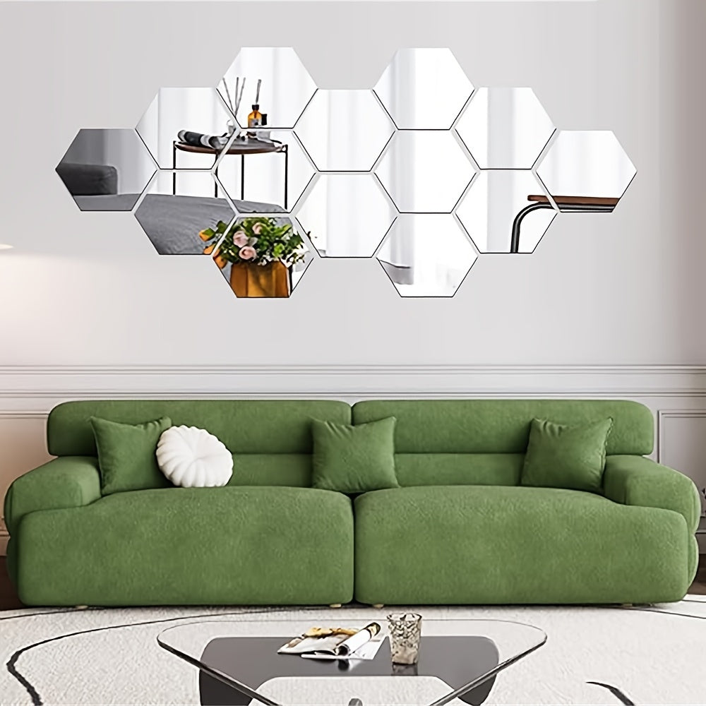 Silvery acrylic hexagon mirror decals for DIY 3D art in home decor.