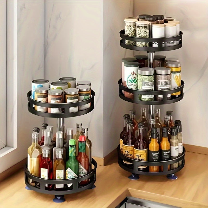 Round 3-Tier Rotating Storage Rack for Kitchen - Versatile Organizer for Spices, Cosmetics, Salt, Sauce, and Vinegar!