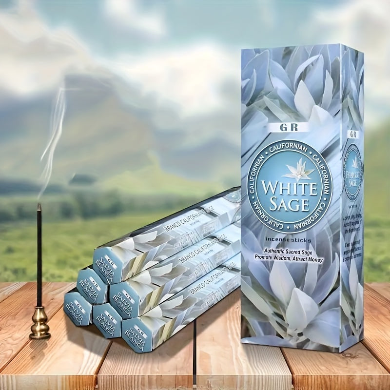 Bundle of white sage incense sticks in 20 or 120-piece boxes, plant-based scents with no feathers. Assorted scents attract prosperity, relaxation, positivity, and improved sleep. Perfect for use at home, office, yoga, and meditation.