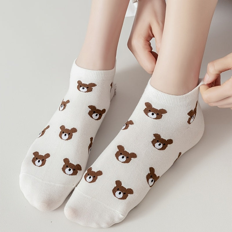 5 cute bear design ankle socks for women. Made of soft polyester and spandex blend, lightweight and cute for casual wear.