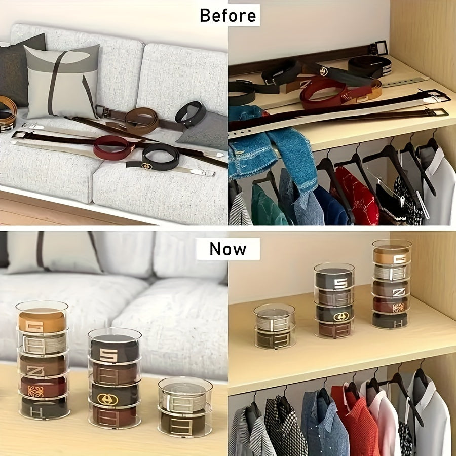 Rotating Belt Organizer with Adjustable Compartments - Stackable Storage Box for Belts, Hair Clips, Headbands, and Accessories, Clear Durable Plastic Material, No Electricity Required - Ideal for Accessory Organization