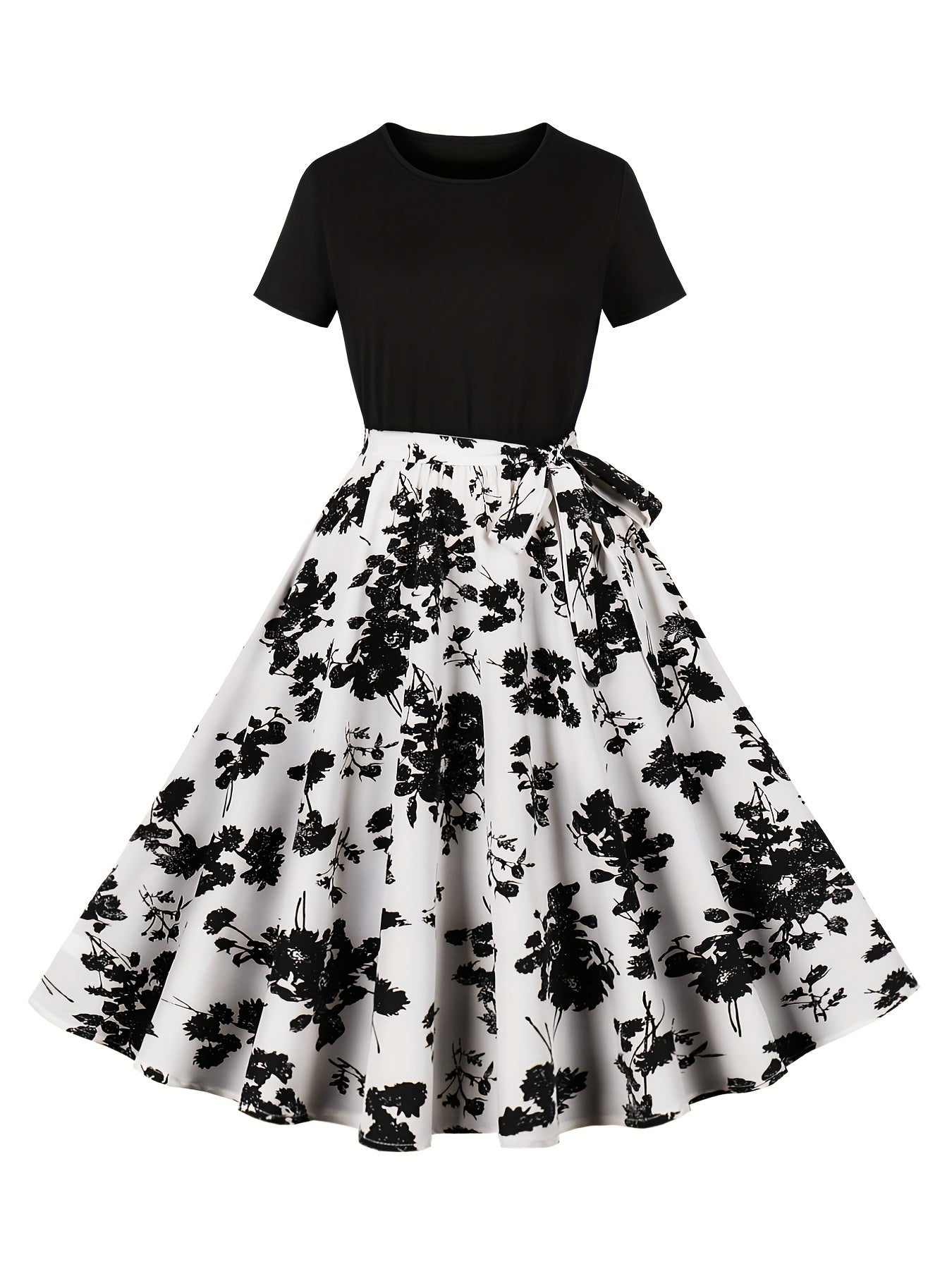 Floral print crew neck dress, perfect for spring and summer with elegant short sleeves and belt.