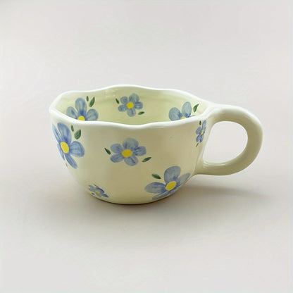 Ceramic mug with flowers pattern, irregular shape, Korean style, suitable for coffee, milk, tea, oatmeal, and breakfast.