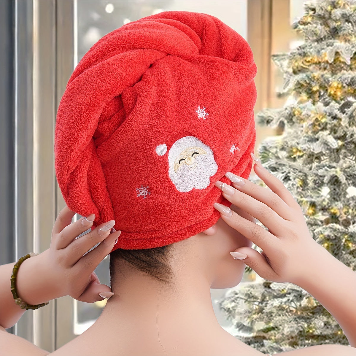 Festive Christmas towel wrap with snowman design, quick-dry microfiber, contemporary style. Great holiday gift idea.