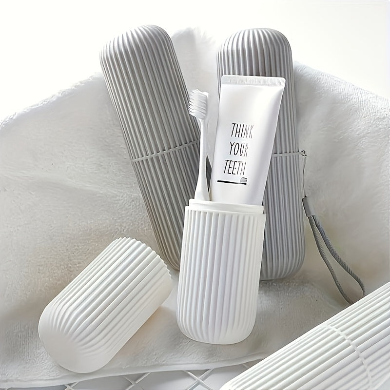 Portable toothbrush holder with rinse cup for travel and bathroom use, hypoallergenic and alcohol-free.