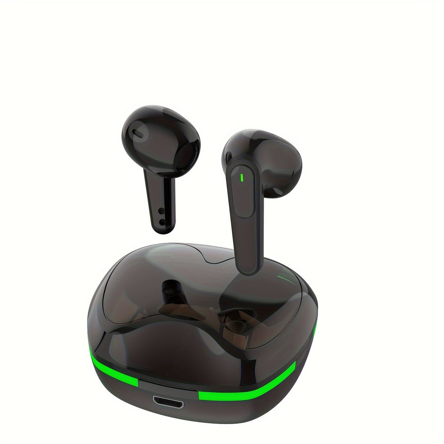 Futuristic heart-shaped wireless earbuds with LED display, touch control. Ideal for sports, gaming, and calls. USB-C charging case included.