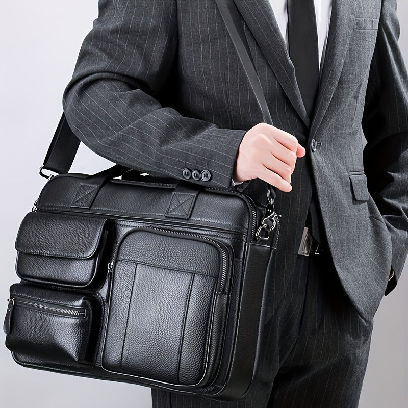 Men's leather business travel briefcase with adjustable shoulder strap, laptop compartment, multiple zippered pockets, in brown top grain cowhide.