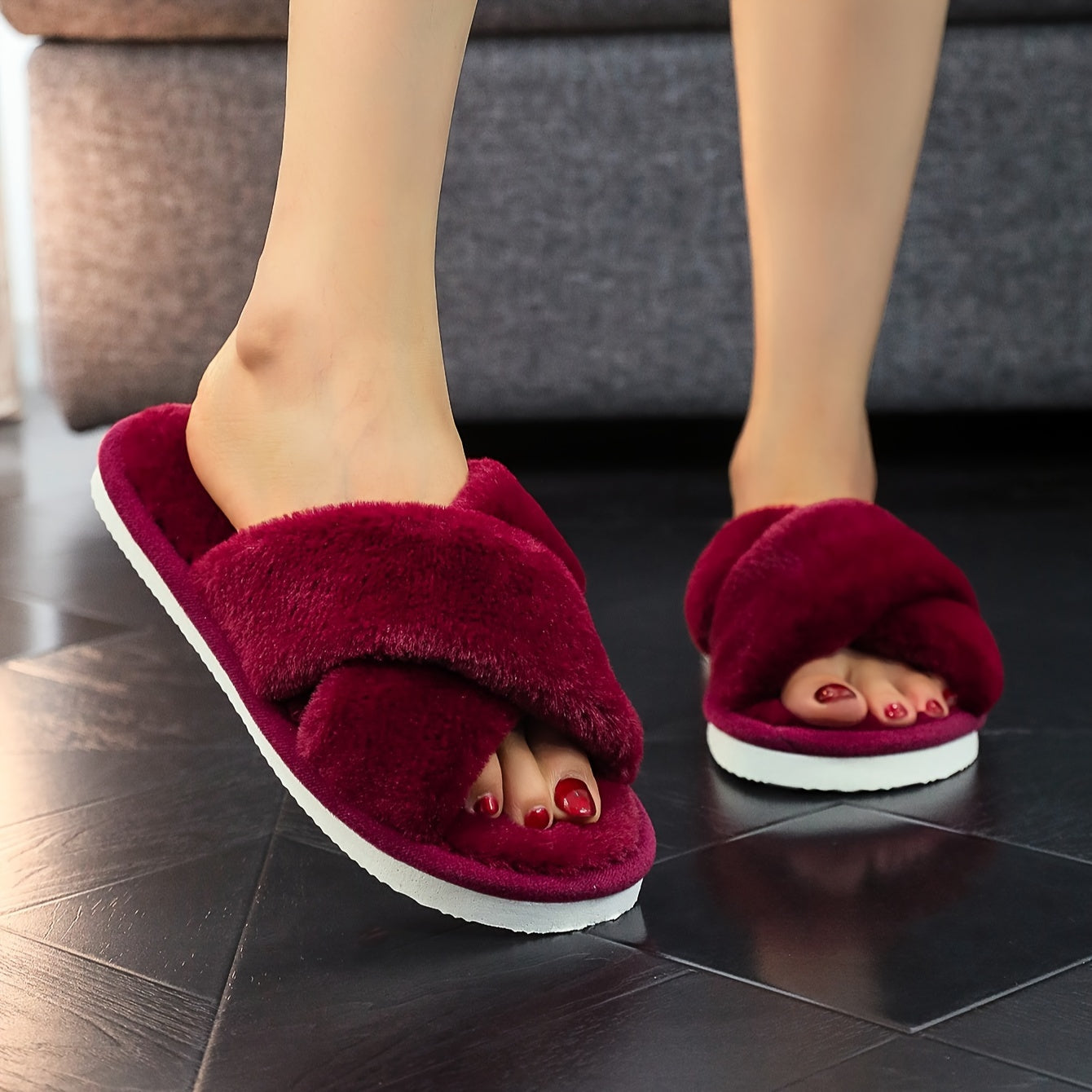 Soft and cozy plush women's slippers with open toe, cross strap design and quiet, warm sole for indoor comfort. Perfect for all seasons.