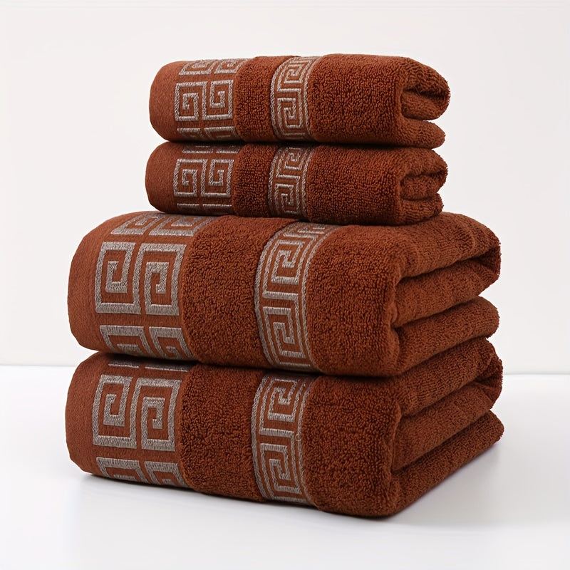 Highly absorbent 4-piece luxury bath towel set with geometric embroidery. Made from soft cotton, 400GSM. Perfect for use at home, in the kitchen, or while traveling. Ideal gift for family and friends. No shedding or fading.