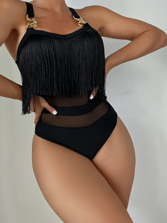 Stylish one-piece swimsuit with fringe trim and metal chain detail, perfect for women's swimwear.