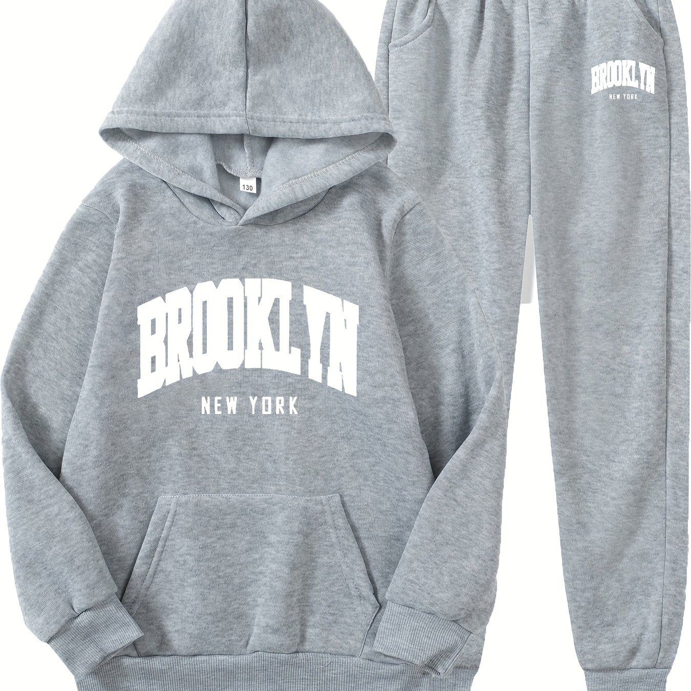 2-piece Brooklyn New York Girls' Fashion Letter Print Hoodie & Sweatpants Set - Cozy Polyester, Long Sleeve, Fall/Winter Casual Sportswear with Pockets, Oversized Hoodie, Ideal for Outdoor