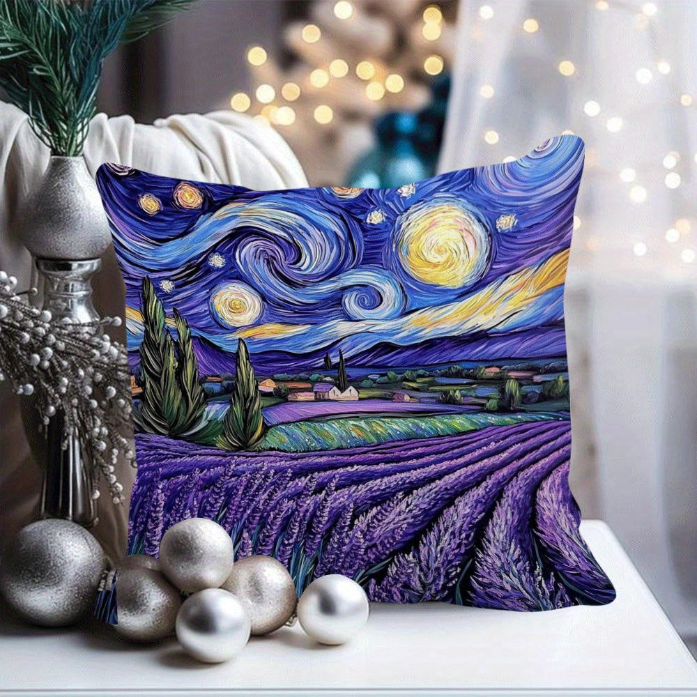 Modern flannel pillow cover featuring a starry night lavender design. This 45.72x45.72 cm cushion case is machine washable with a zippered closure, perfect for adding a touch of movie-themed decor to your sofa or bed. Suitable for back sleepers and ideal