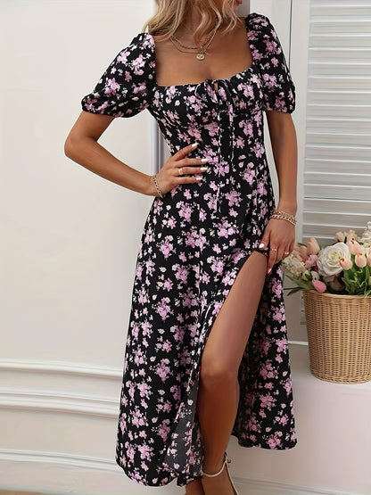 Floral print puff sleeve dress with split hem, perfect for spring & summer.