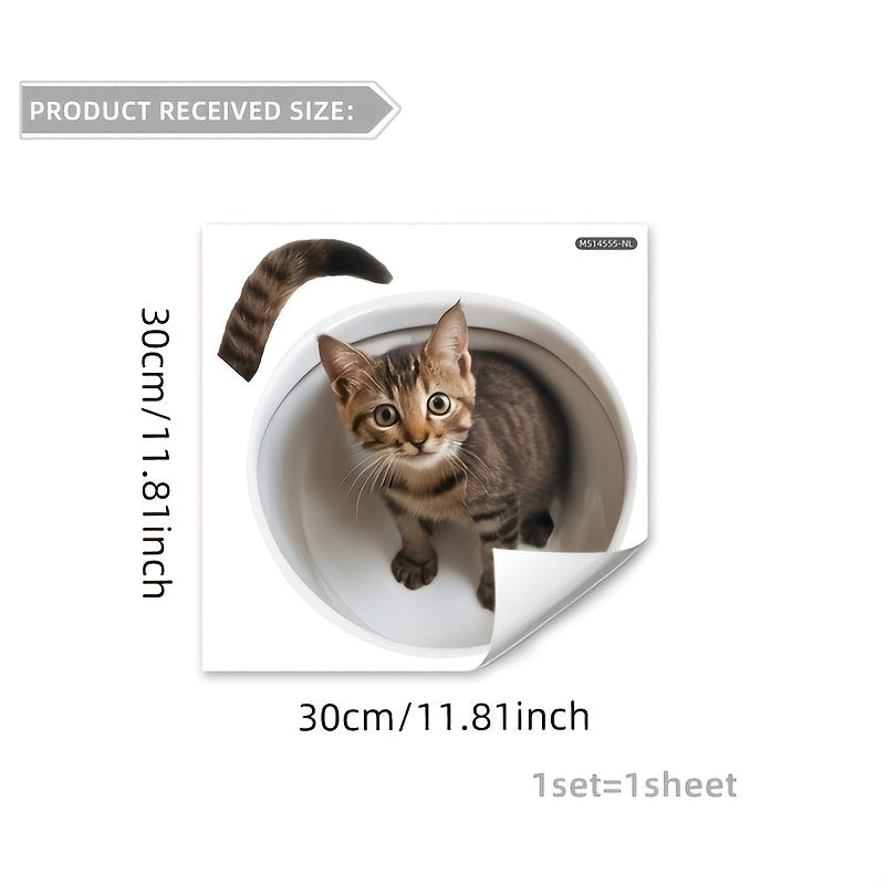 3D cat toilet lid decal with animal print, self-adhesive PVC, plastic surface, for bathroom decoration.