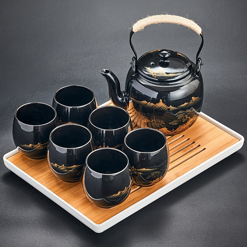 1 Set 7/8pcs Black Exquisite Large Capacity Tea Set in Simple Japanese Style Ceramic for Home or Office Gift, with Handle Teapot and Teacups, 27oz/6oz.