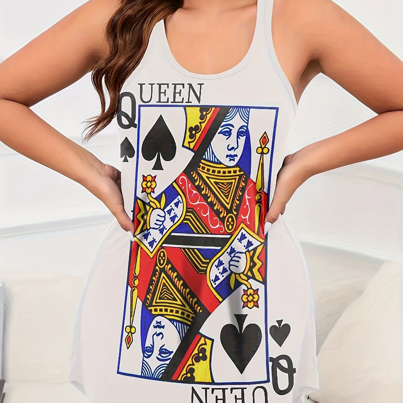 Women's casual poker print nightgown with round neck and racer back tank style - perfect for sleepwear.