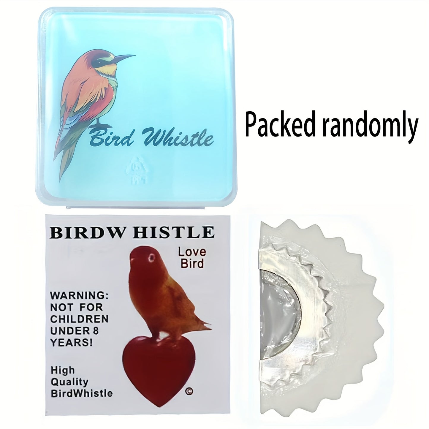 Plastic bird call whistle with realistic sound attracts birds, ideal for parrot toy or pet supplies.