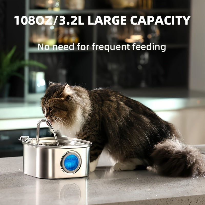 Stainless Steel 3.2L Automatic Cat Fountain with Quiet USB Power, Large Eyes, Horizontal Window, No Batteries Needed. Great for Cats and Dogs.