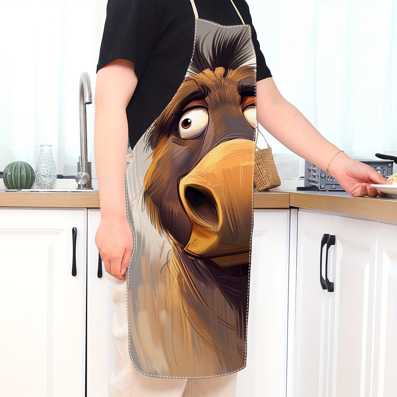 Sleeveless Adult-Sized Linen Apron featuring Whimsical Horse Face Print | Durable & Lightweight Kitchen Wear with Glossy Finish | Perfect Home Cooking Bib | Must-Have Culinary Accessory for Plus Size