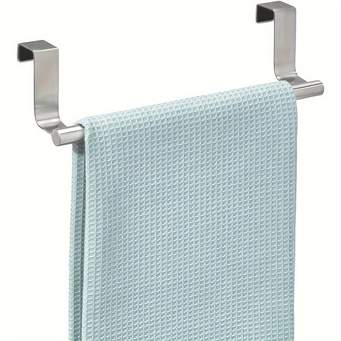 Steel towel bar for door or cabinet storage, holds hand and dish towels in kitchen or bathroom.