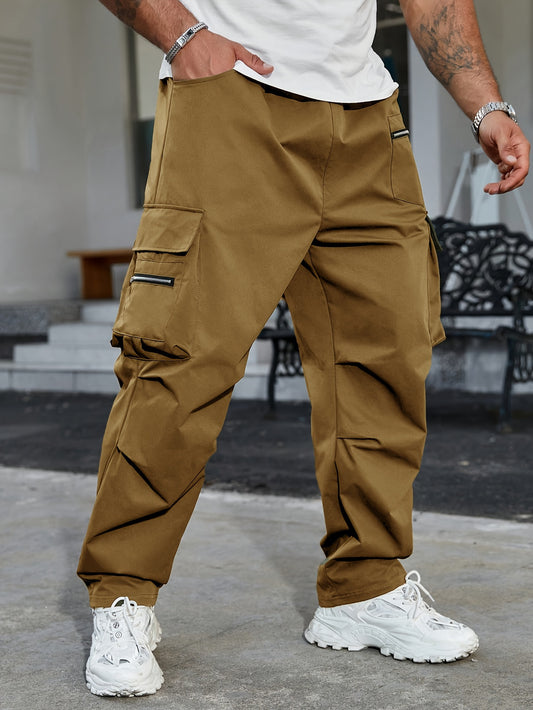 Casual style cargo pants for men in plus sizes, made of 100% polyester with a solid color and regular fit for all seasons.